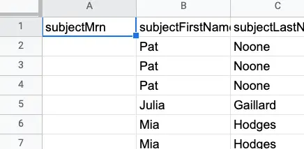 Mirah Measurement-Based Care Data Exports spreadsheet showing columns for subjectMrn, subjectFirstName, and subjectLastName.