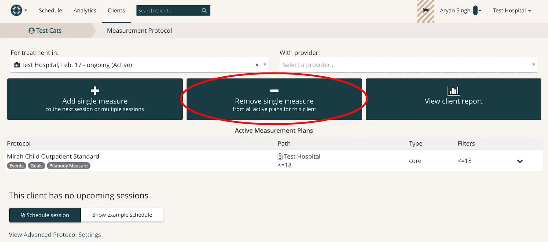 Measurement Protocol page in Mirah Measurement-Based Care platform showing options to add or remove single measures for Test Hospital treatment.