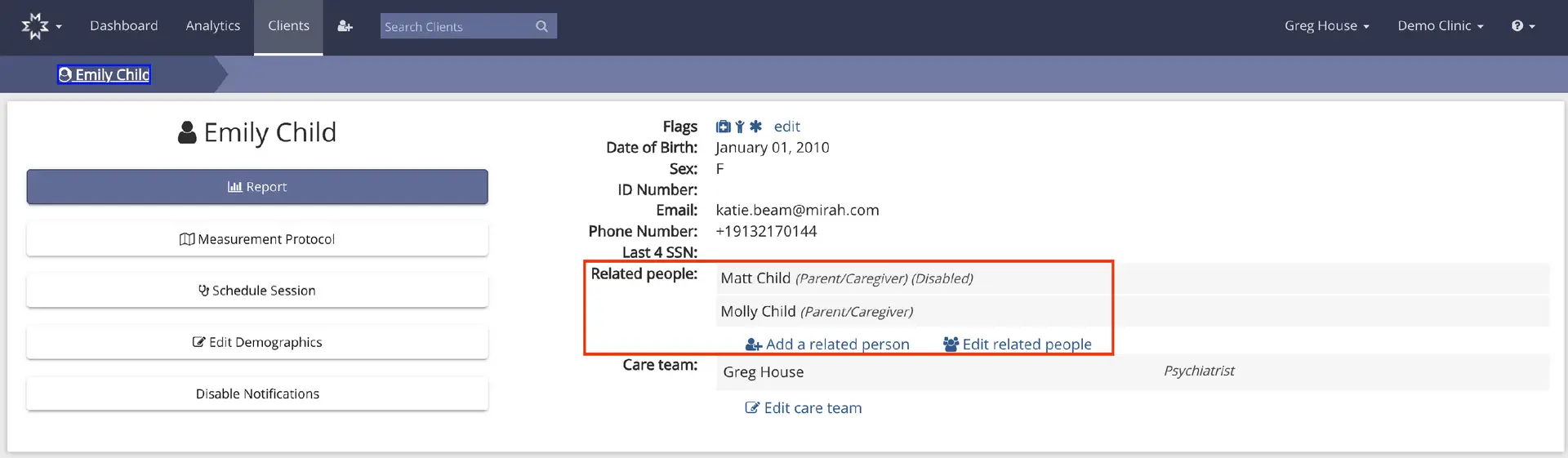 Clients - Emily Child profile page in Mirah Measurement-Based Care platform