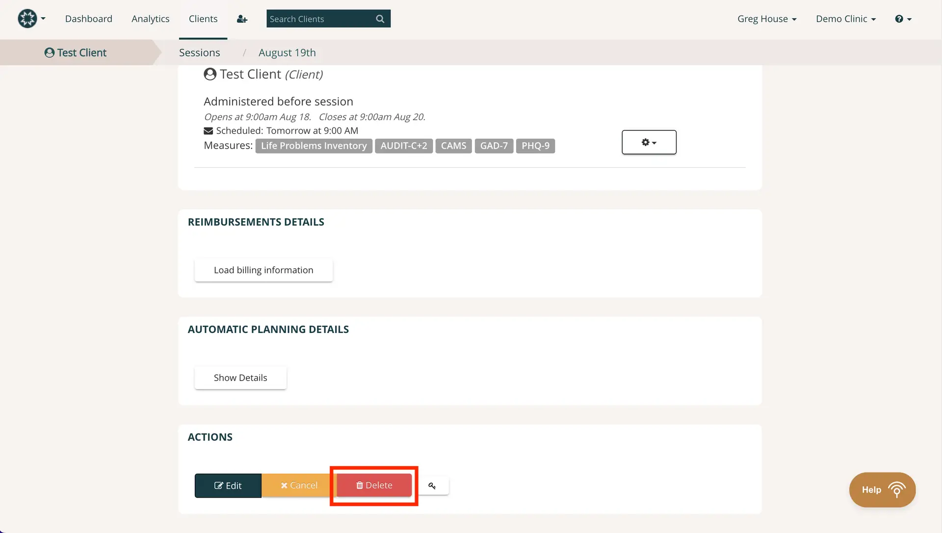 Mirah Measurement-Based Care session management screen for Test Client on August 19th.