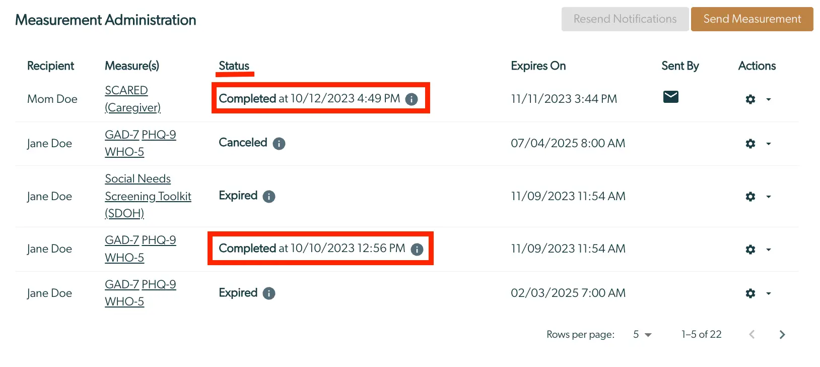 Measurement Administration section in Mirah Measurement-Based Care showing assessment statuses and details.